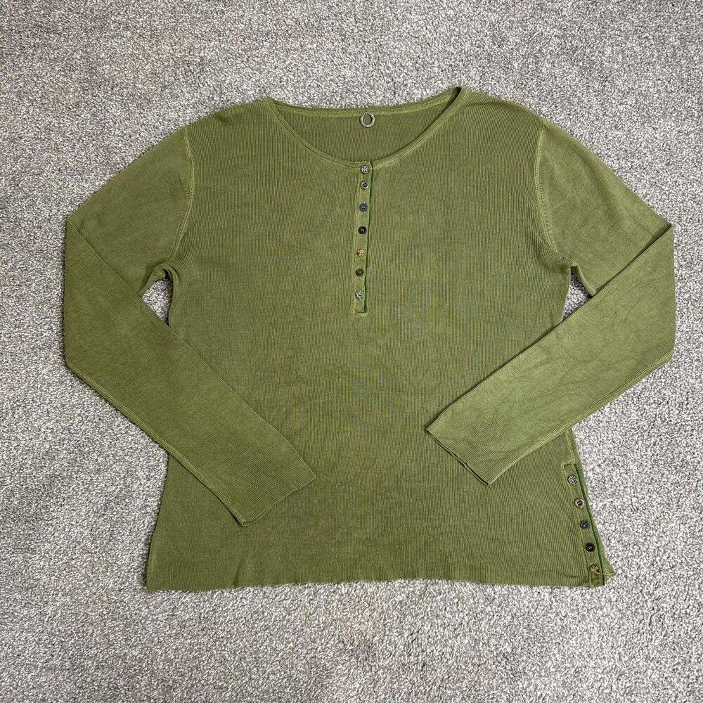Anthropologie One Girl Who Shirt Womens Medium Green Silk Blend Button Knit Gorp
